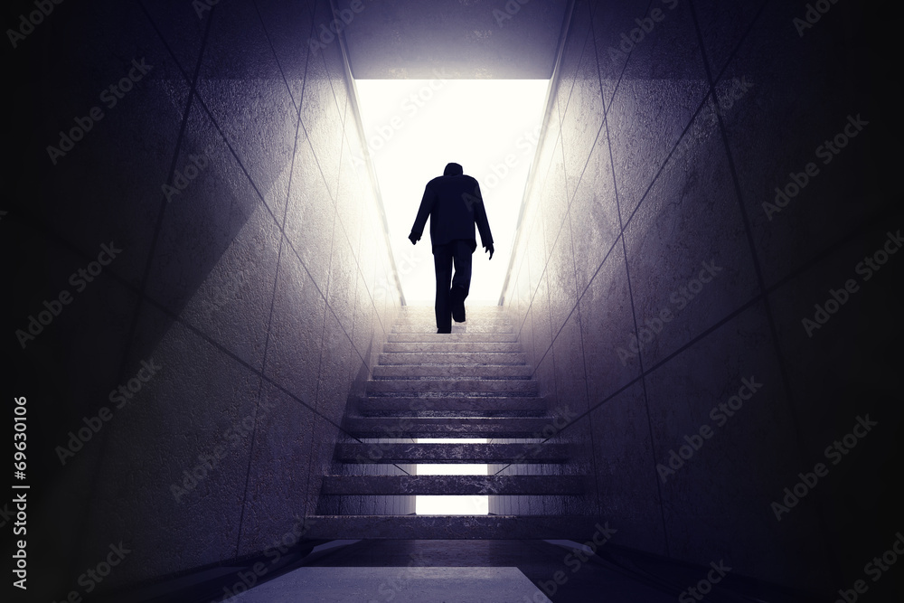 man climbing up the stairs to reach opportunity