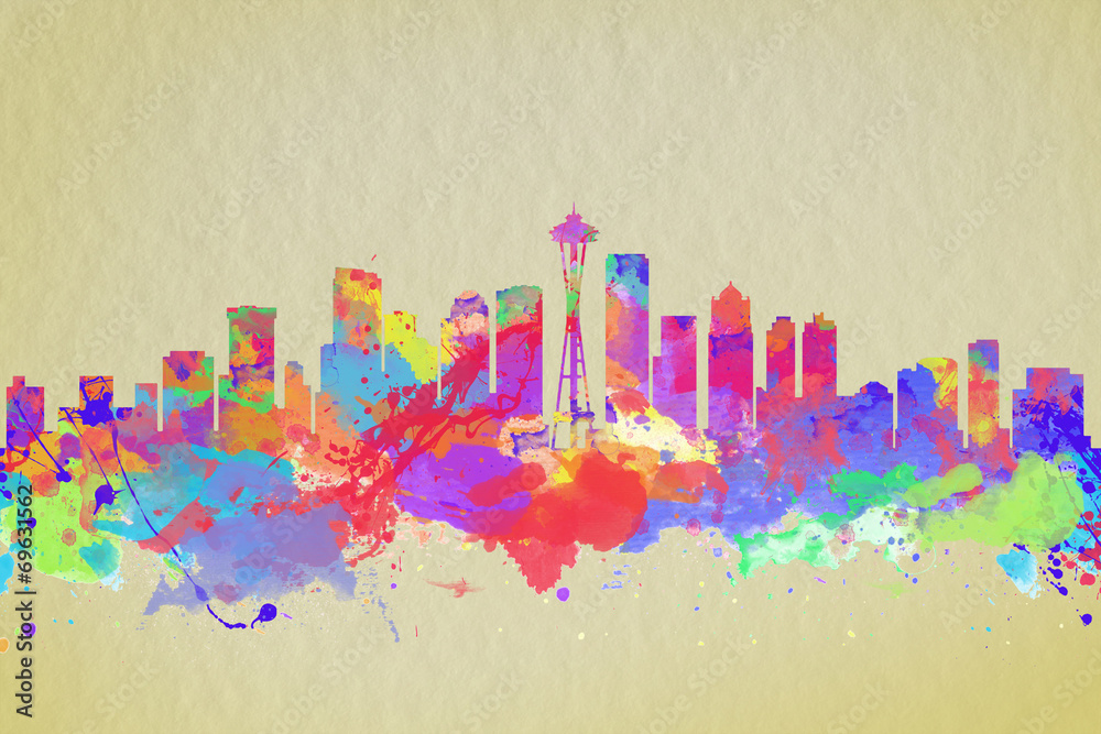 Fototapeta premium Watercolor art print of the skyline of Seattle United States
