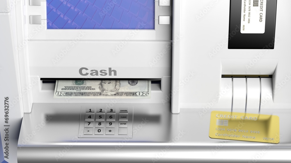 Atm machine display closeup with 20 dollar banknote Atm machine display closeup with 20 dollar banknote