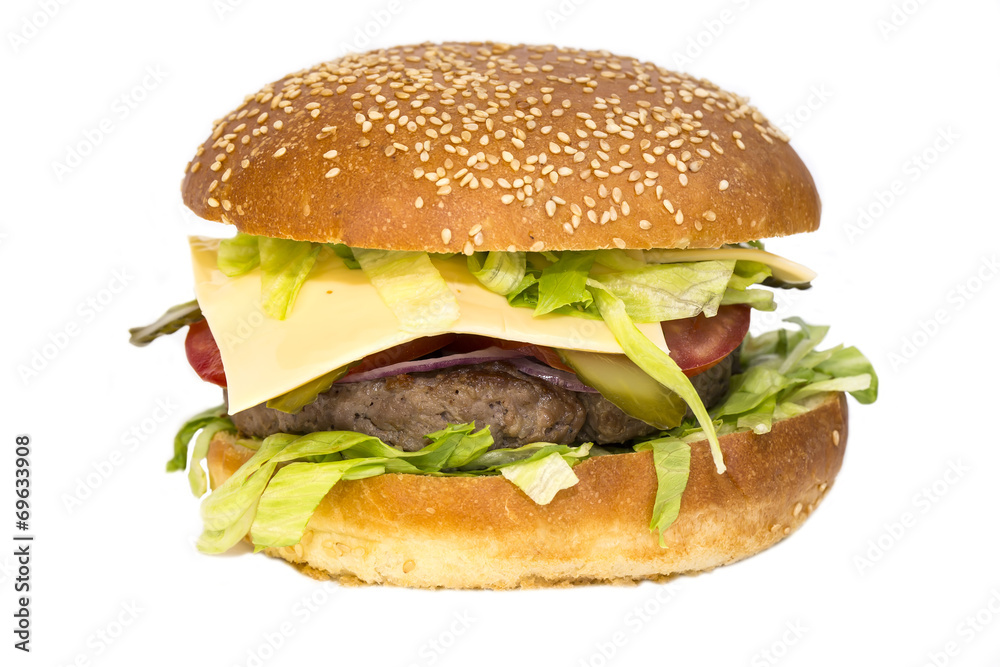 hamburger on a white background in the restaurant hamburger on a white background in the restaurant