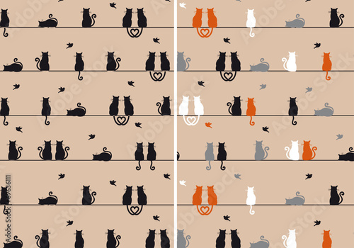 cats with birds, seamless pattern, vector set