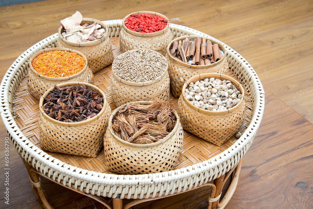 dried herbs, spices and and pepper