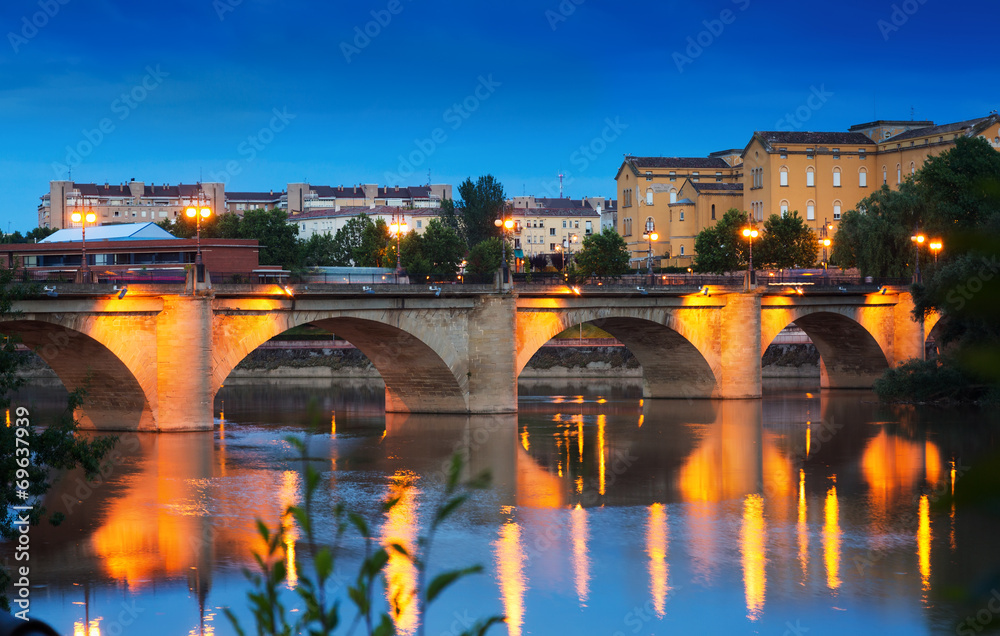 ancient stone bridge over Ebro  in evening. Logrono