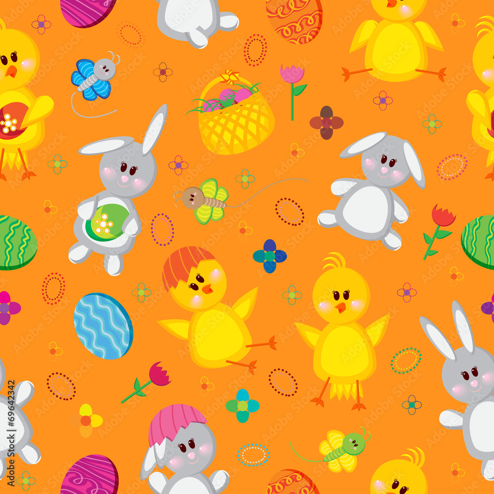Colored Easter eggs, bunnies, baskets, flowers, chickens, and