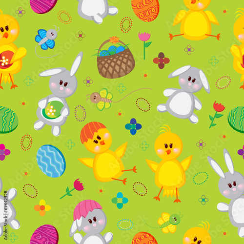 Colored Easter eggs, bunnies, baskets, flowers, chickens, and © lyusya_k