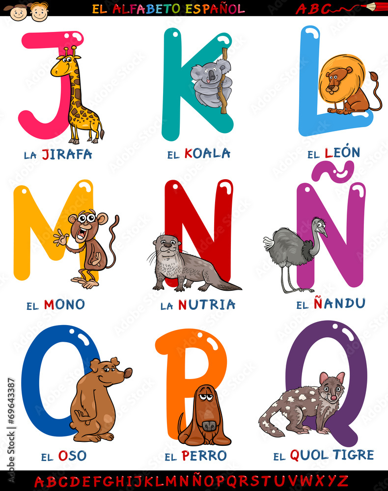 Cartoon Spanish Alphabet With Animals Stock Vector 