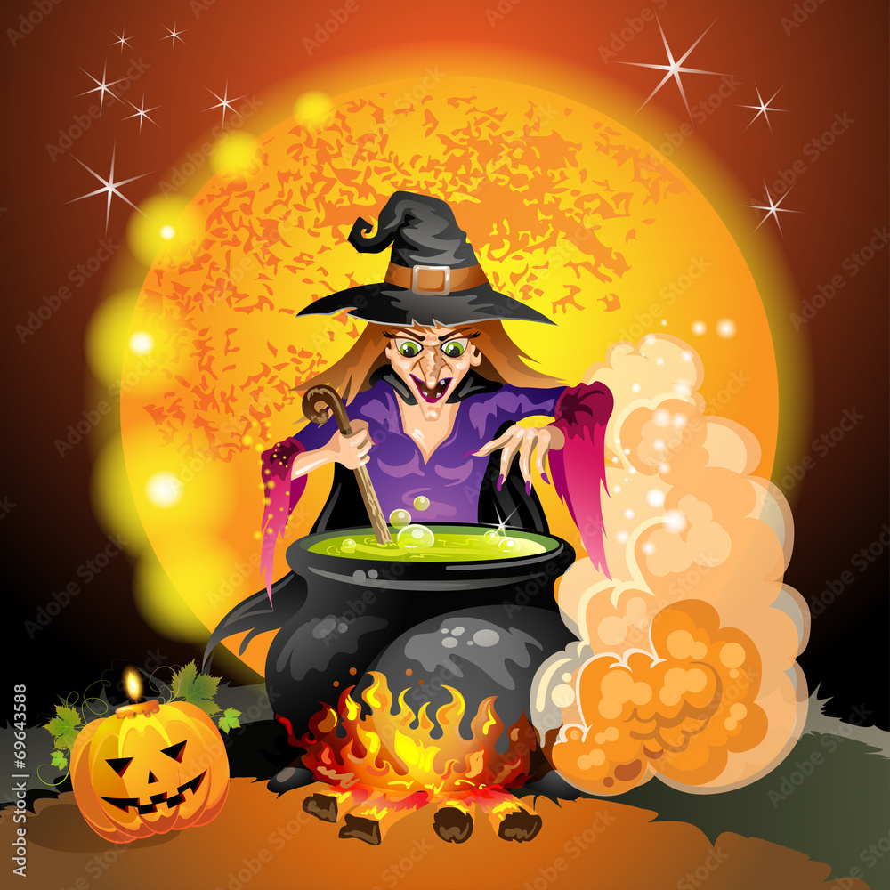Witch preparing a potion - obrazy, fototapety, plakaty 