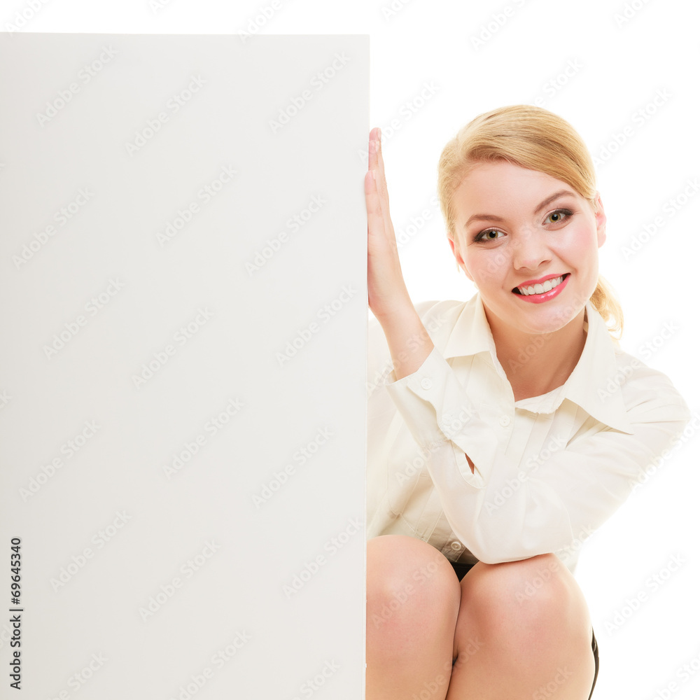 Ad. Businesswoman showing blank copy space banner Ad. Businesswoman showing blank copy space banner