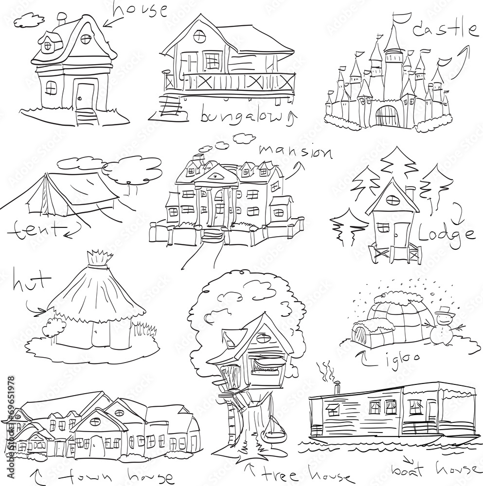 hand drawn set doodle of habitation, vector