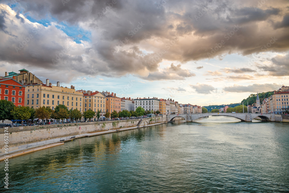 Saone river in Lyon city at evening, France