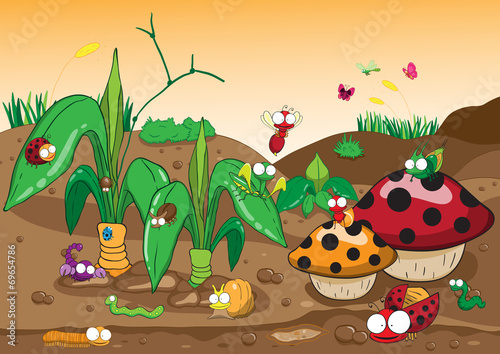 Insects family on the ground and tree. Insects cartoon and vecto