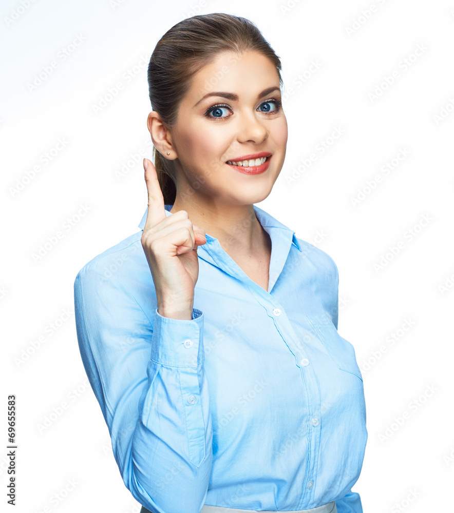Business woman white background finger showing. Business woman white background finger showing.