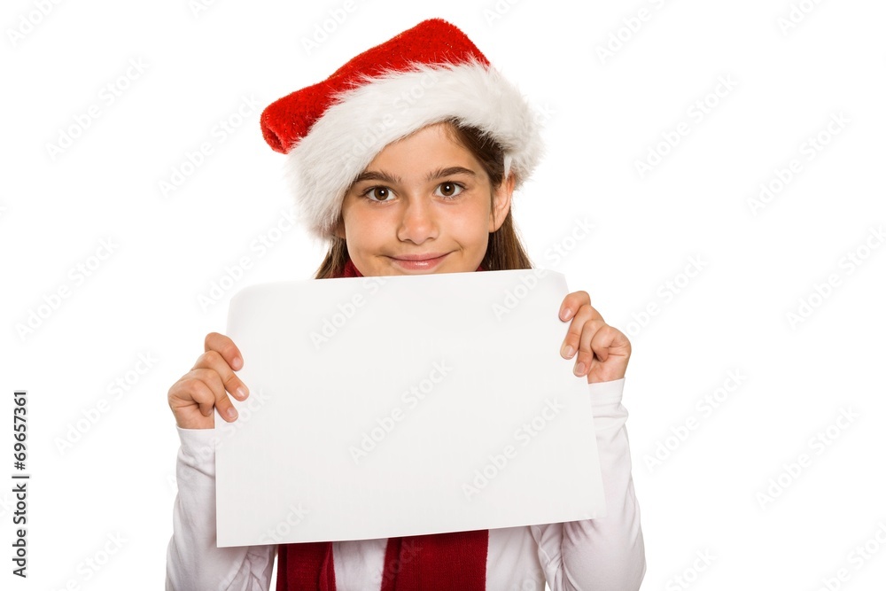 Festive little girl showing card Festive little girl showing card