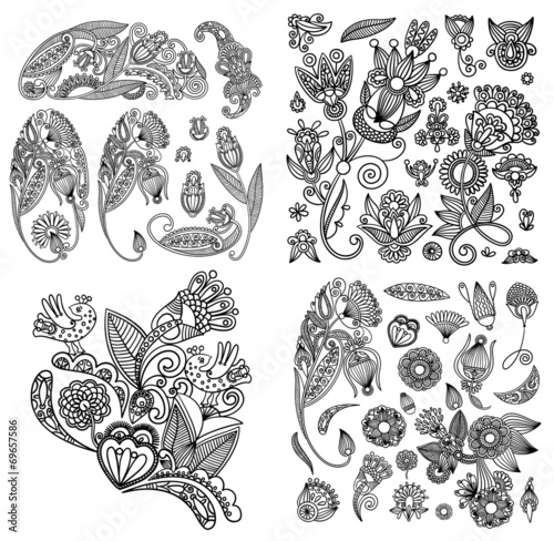 black line art ornate flower design collection, ukrainian ethnic