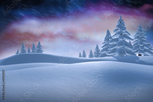 Composite image of white snowy landscape with fir trees