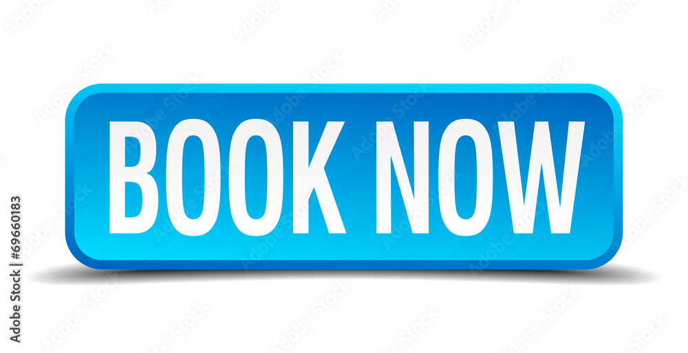 Book now blue 3d realistic square isolated button Book now blue 3d realistic square isolated button