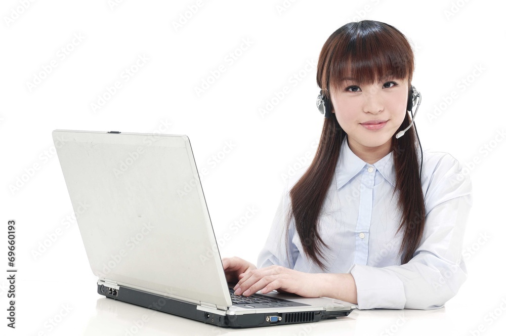 Business woman with headphones and laptop on help center Business woman with headphones and laptop on help center