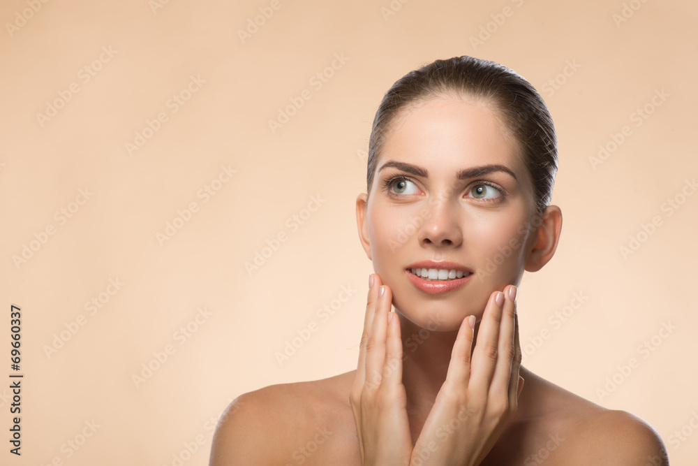 Portrait of girl holding hands near her face with clean and fre Portrait of girl holding hands near her face with clean and fre