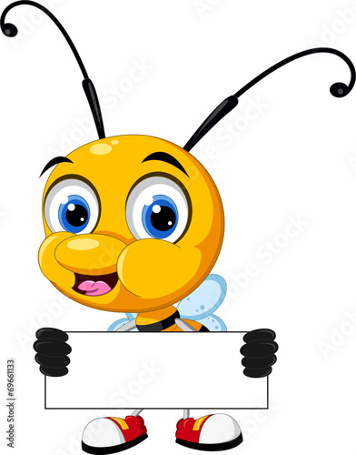 little bee cartoon holding blank board and holding blank sign