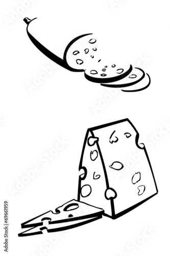 Cheese and sausage on a white background. Vector illustration.