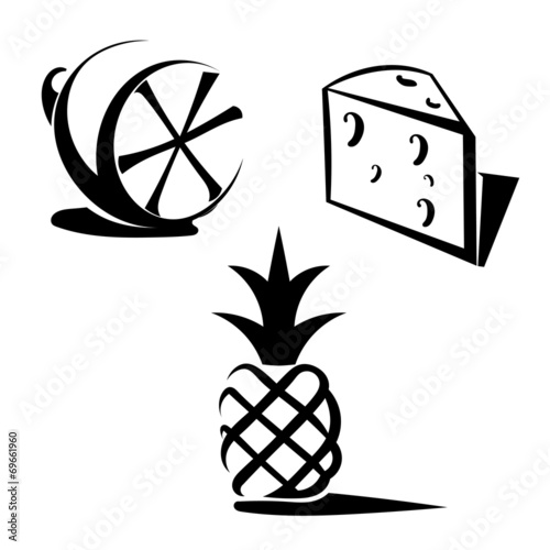 Lemon, pineapple and cheese isolated on white background. Icons.