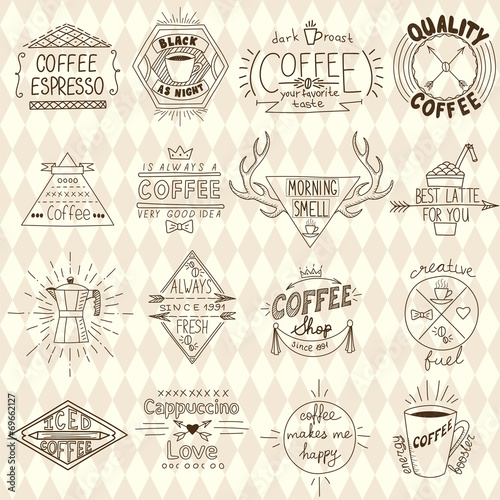 Collection of hipster sketchy coffee labels. Vector illustration