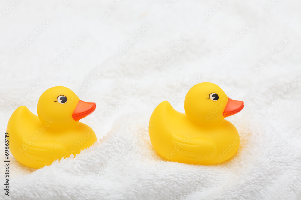 Rubber Ducks on white towel Rubber Ducks on white towel