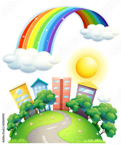 Rainbow over city