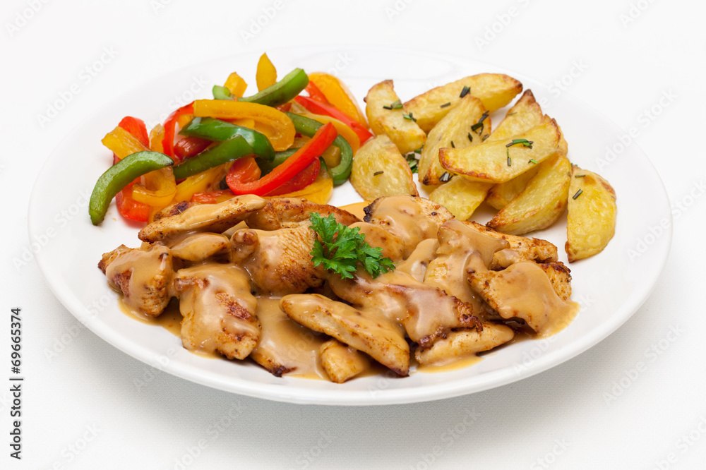 Hähnchen-Geschnetzeltes mit Paprika und Röstkartoffeln Hähnchen-Geschnetzeltes mit Paprika und Röstkartoffeln