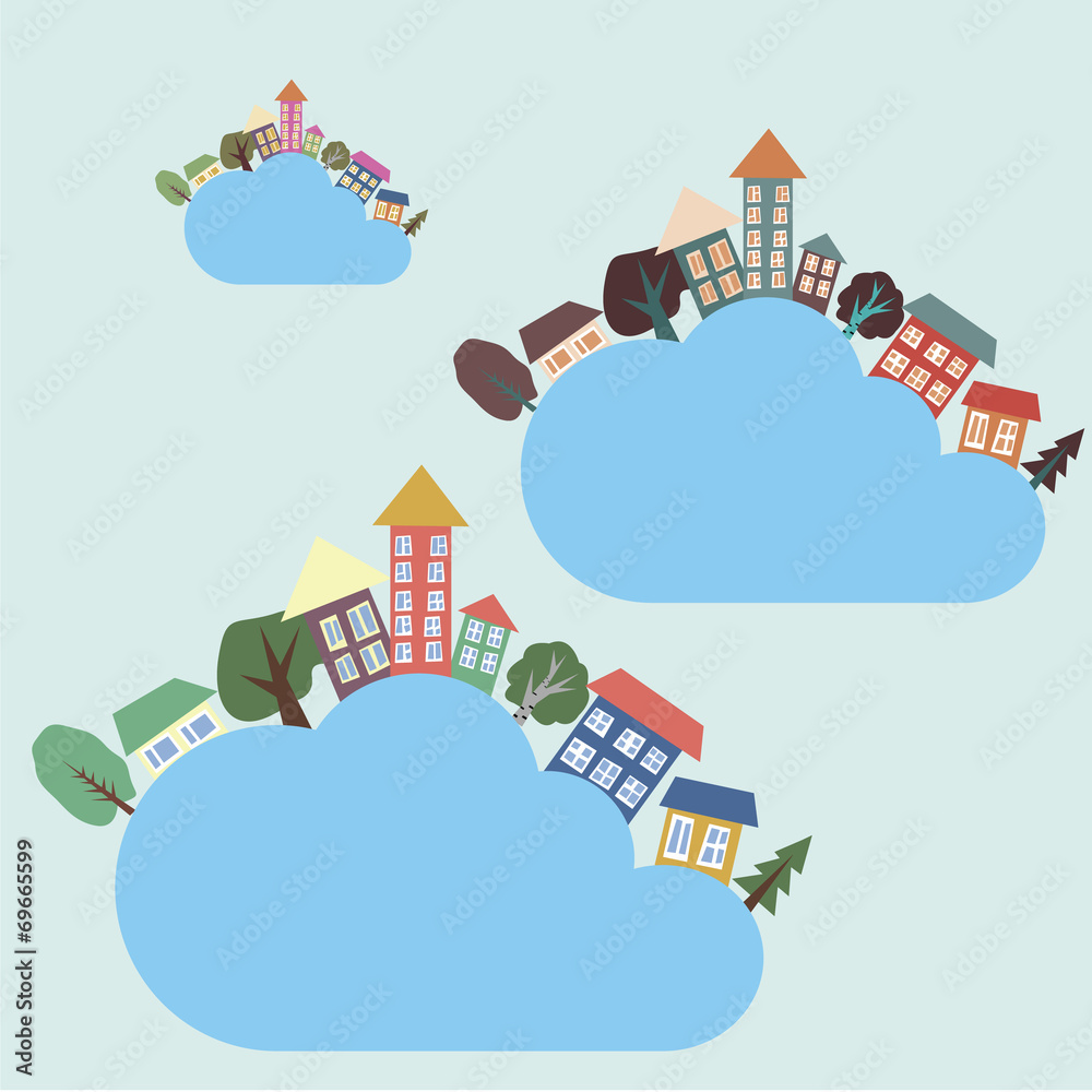 home on a cloud,colored houses,flat house on the cloud