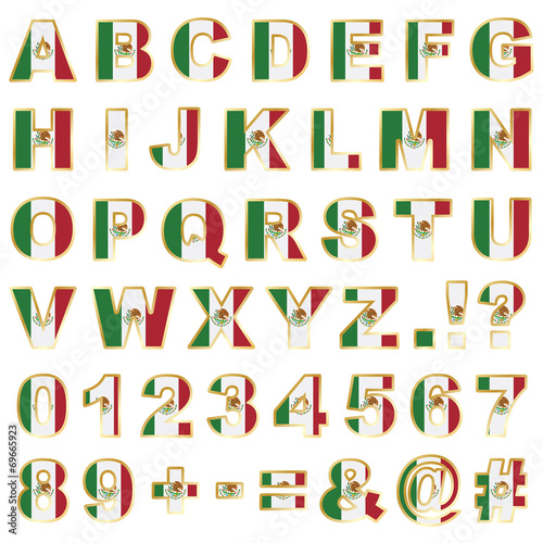 mexico flag alphabet vector letters numbers with gold trim clipart isolated on white