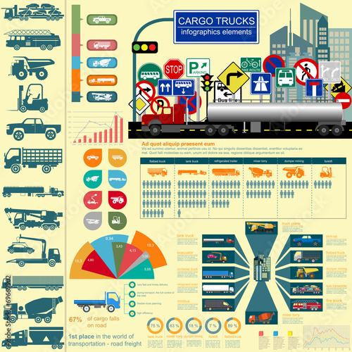 Cargo transportation infographics, trucks, lorry. Elements infog