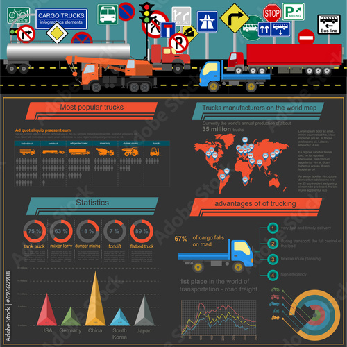 Cargo transportation infographics, trucks, lorry. Elements infog