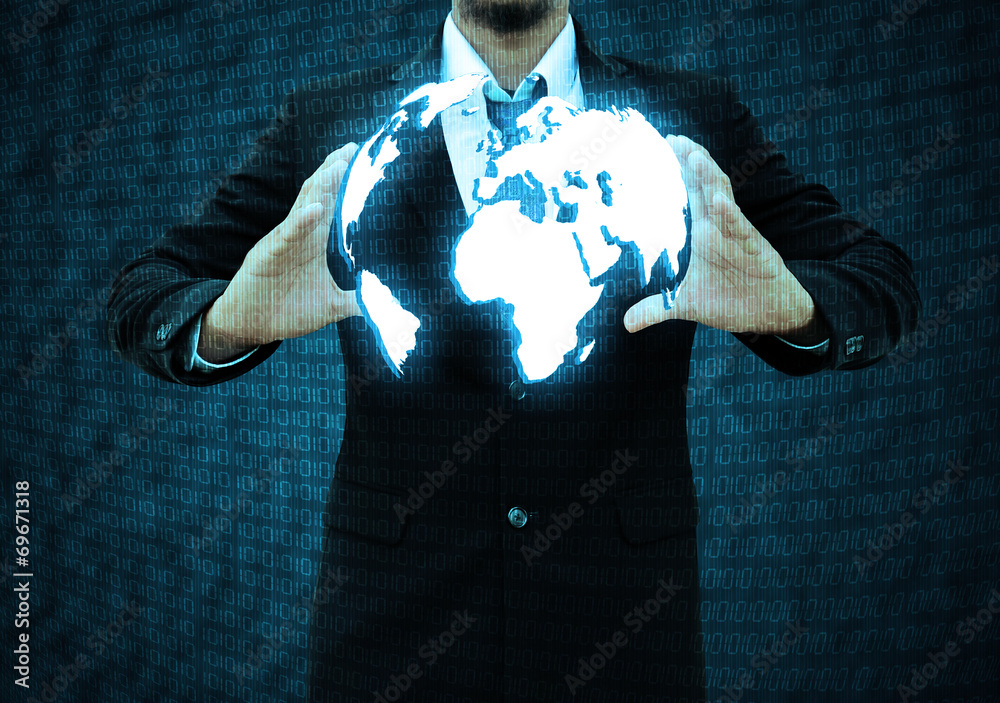 businessman  holding a world technology - obrazy, fototapety, plakaty 
