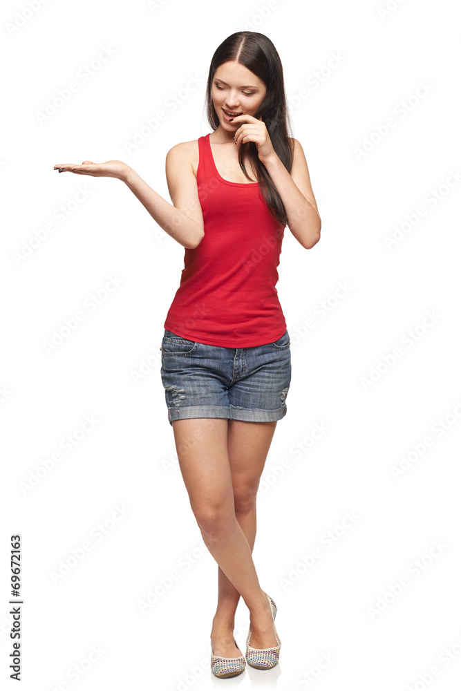 Woman showing blank copy space on the palm Woman showing blank copy space on the palm