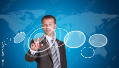 Businessman in a suit pointing her finger at the empty circle