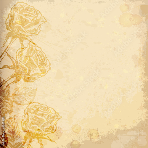 Realistic old paper with roses. Vector illustration