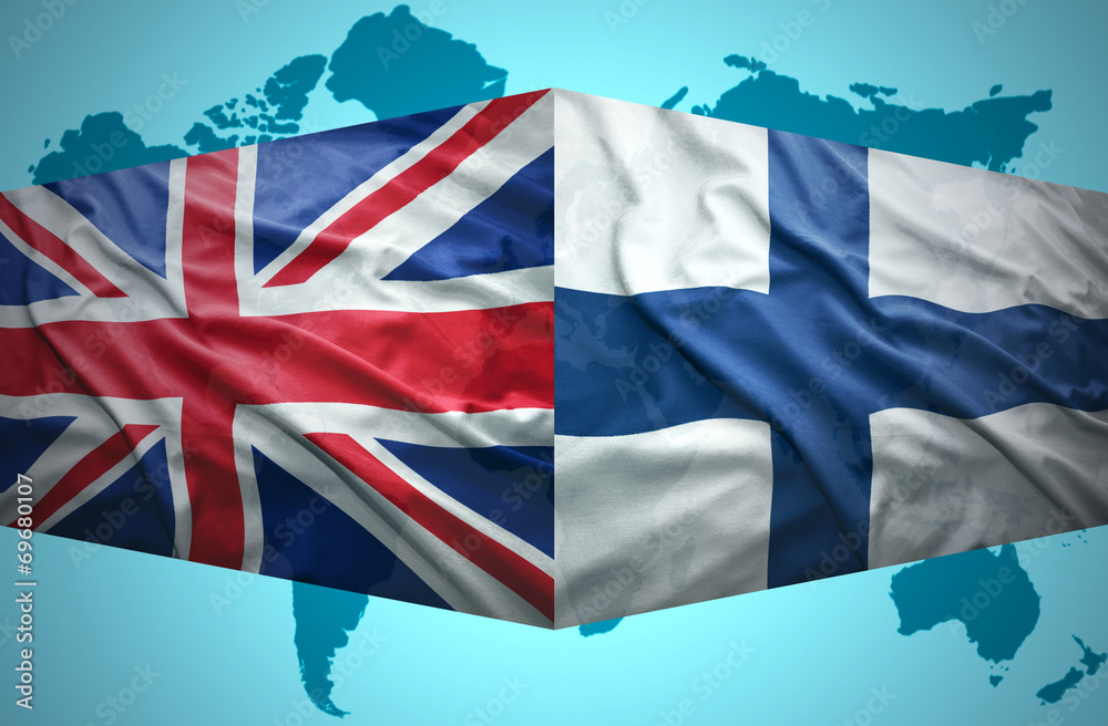 Waving Finnish and British flags Waving Finnish and British flags