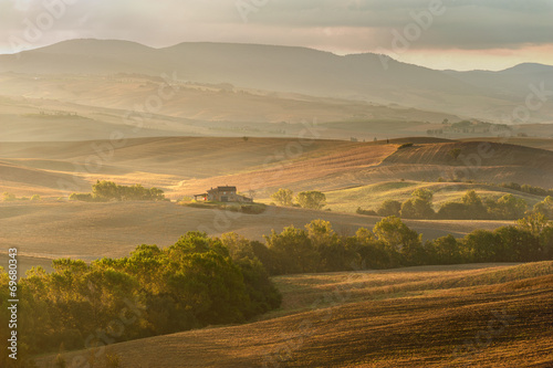 Beautiful light of the morning sun in the Tuscan landscape