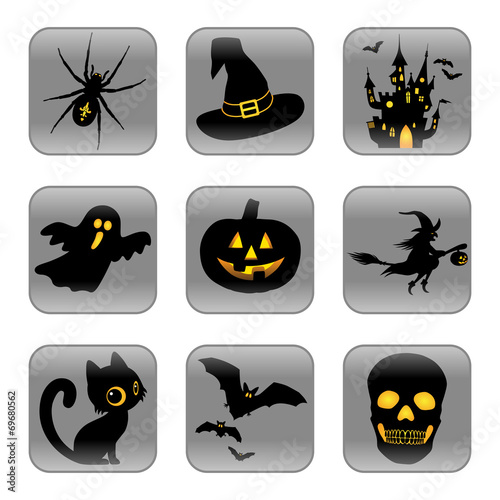 Halloween, Button, Icon, Sammlung, Vektor, orange, quadratisch