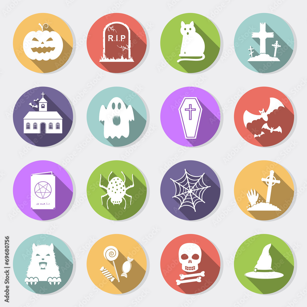 Halloween flat icons with long shadow