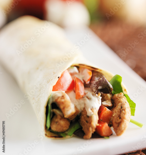 chicken wrap in tortilla with sauce and mesclun mix