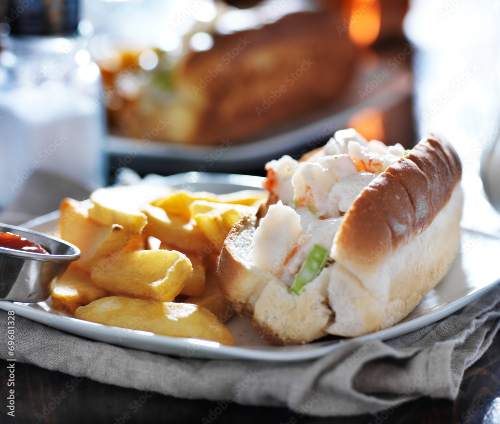 lobster roll with french fries and ketchup lobster roll with french fries and ketchup