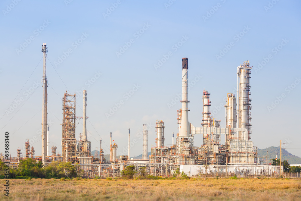Oil gas refinery plant. May called petroleum, production or petrochemical plant. Industrial factory construction from engineering technology with steel pipe, pipeline, tank. Business for power energy.