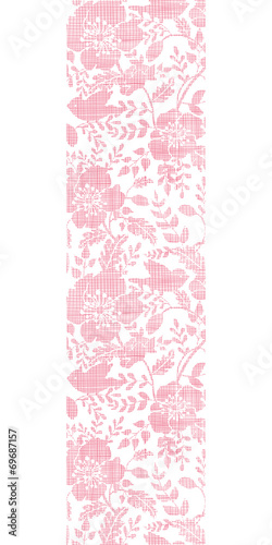 Pink textile birds and flowers vertical border seamless pattern