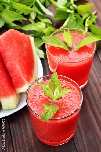 Watermelon cocktail with mint in glass and slices