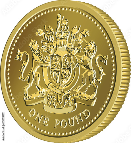 Vector British money gold coin one pound with the coat of arms