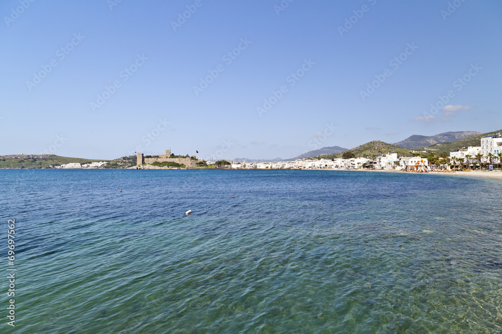 View of Bodrum Castle or the Castle of St. Petrus in Bodrum town of Mugla, Aegean coast of Turkey.