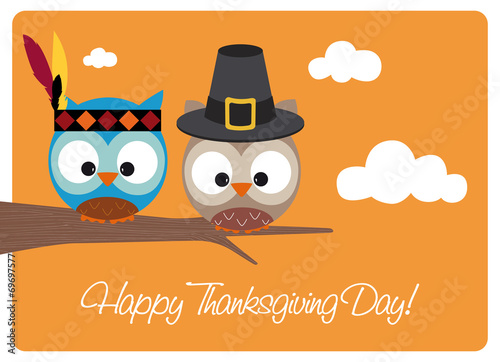 thanksgiving day, owls wearing pilgrim hat and indian costume