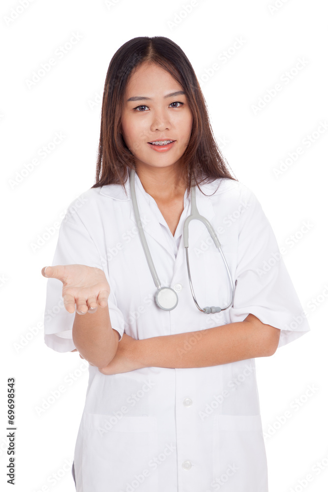 Asian young female doctor smile show her hand